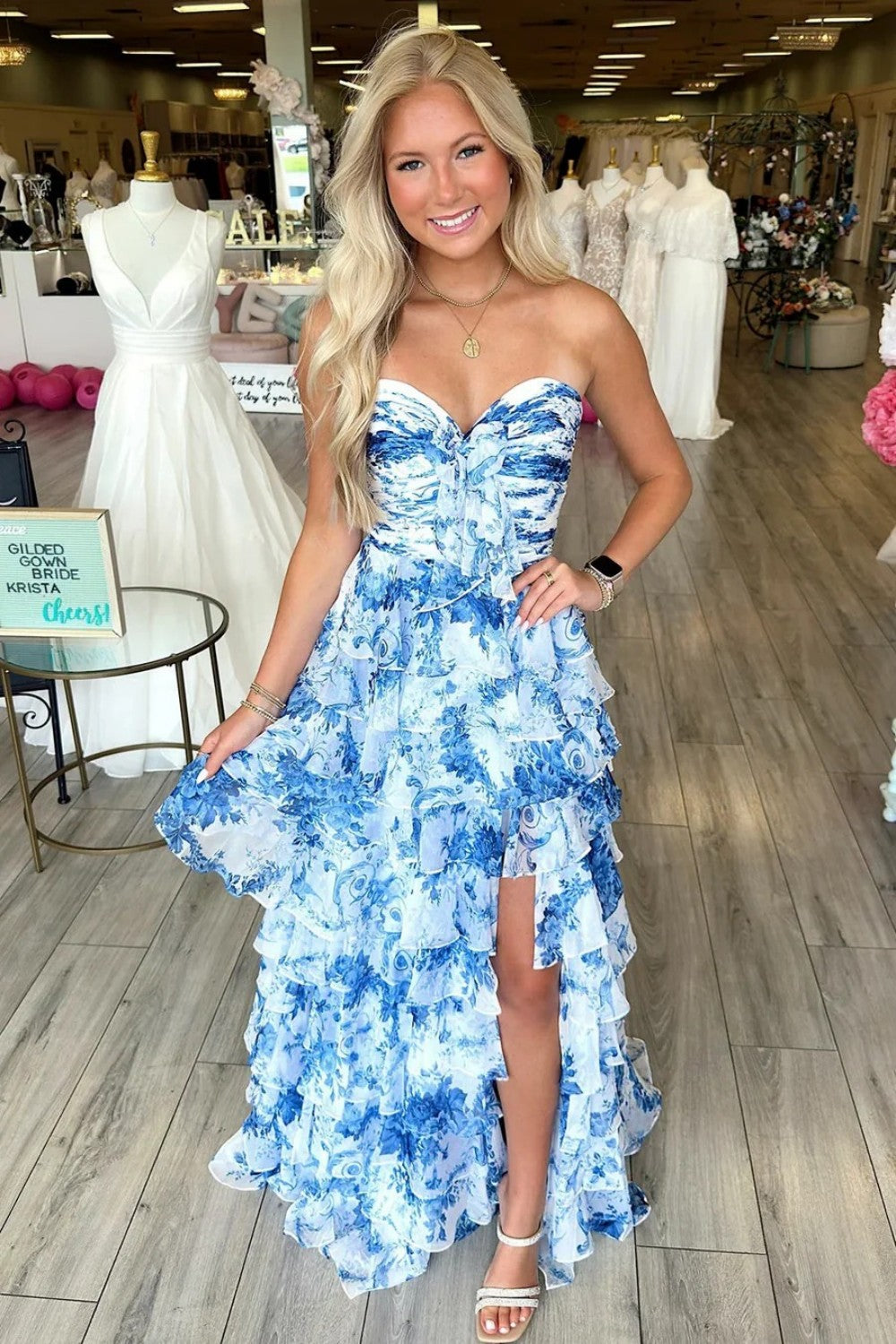 Gorgeous A Line Sweetheart Blue Floral Printed Long Prom Dress with Ruffles