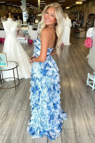 Gorgeous A Line Sweetheart Blue Floral Printed Long Prom Dress with Ruffles