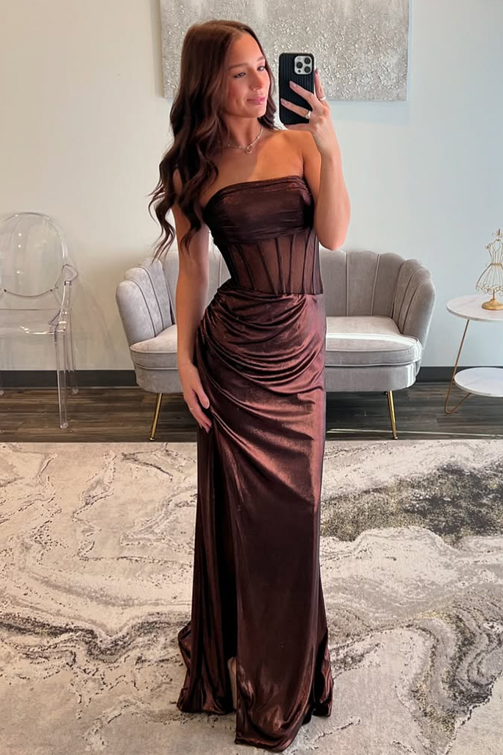 Chic Mermaid Strapless Long Brown Metallic Prom Dress with Leg Slit