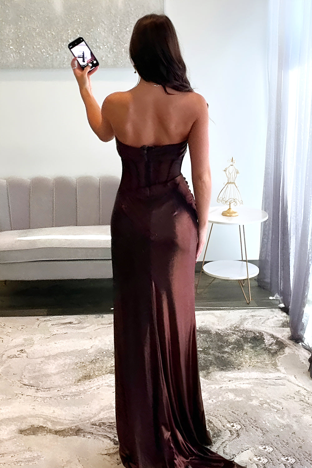 Luuvis Women Chic Mermaid Strapless Long Brown Metallic Prom Dress with