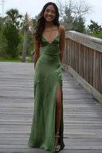 Load image into Gallery viewer, Simple Sheath Spaghetti Straps Green Long Party Dress with Split Front