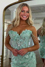 Load image into Gallery viewer, Gorgeous Sheath Off the Shoulder Mint Green Corset Homecoming Dress with Appliques
