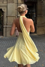 Load image into Gallery viewer, Chic Light Yellow Halter Homecoming Dress with Deep V-Neck and Flowy Skirt