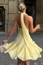 Load image into Gallery viewer, Chic Light Yellow Halter Homecoming Dress with Deep V-Neck and Flowy Skirt