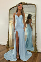 Load image into Gallery viewer, Chic Mermaid Halter Neck Blue Corset Prom Dress with Pearls Split Front
