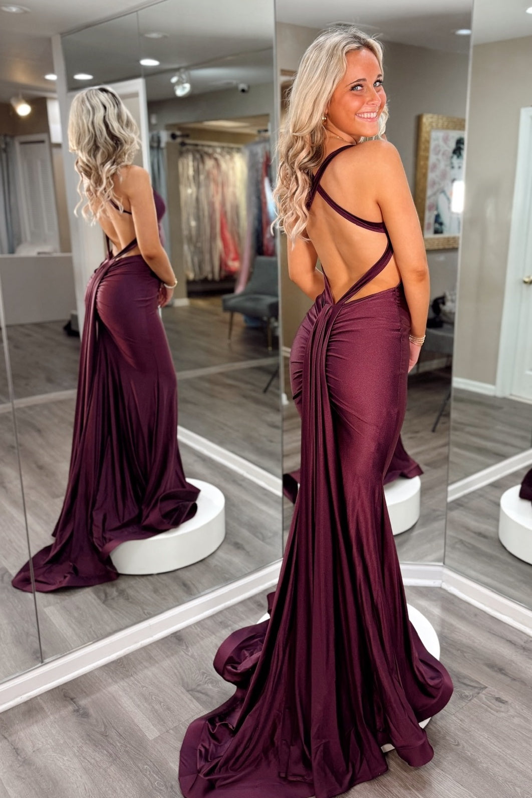 Chic Mermaid Halter Neck Brown Long Prom Dress with Train