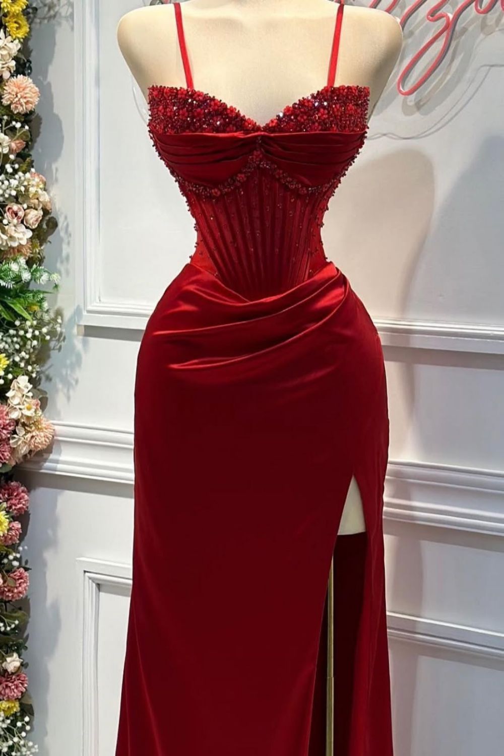 Chic Mermaid Spaghetti Straps Long Satin Formal Dress with Beading