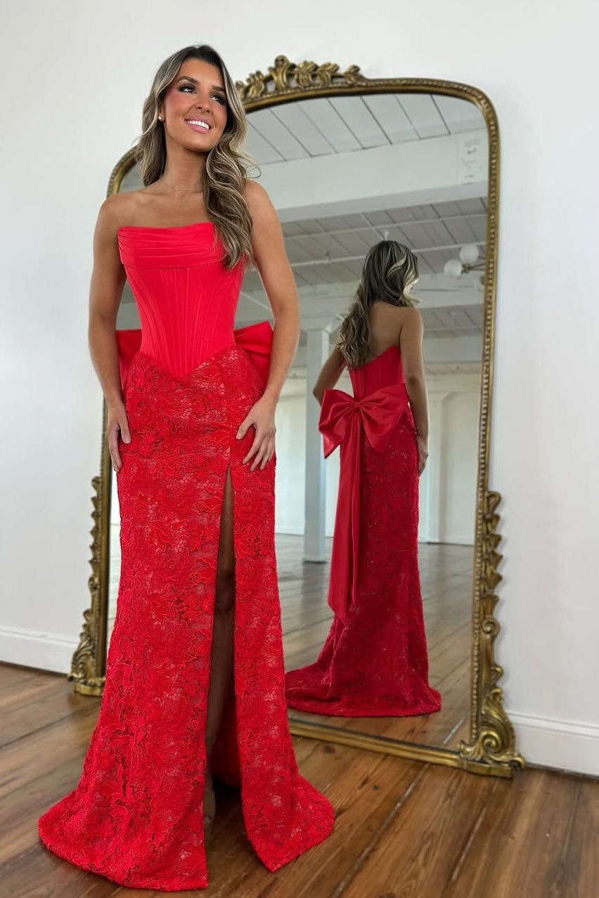 Luuvis Women Red Corset Lace Prom Dress Fashionable Mermaid Strapless