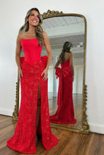 Load image into Gallery viewer, Fashionable Mermaid Strapless Red Corset Lace Prom Dress with Bowknot