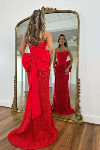 Fashionable Mermaid Strapless Red Corset Lace Prom Dress with Bowknot