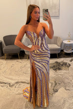 Load image into Gallery viewer, Chic Mermaid Sweetheart Gold Sequins Long Prom Dress with Split Front