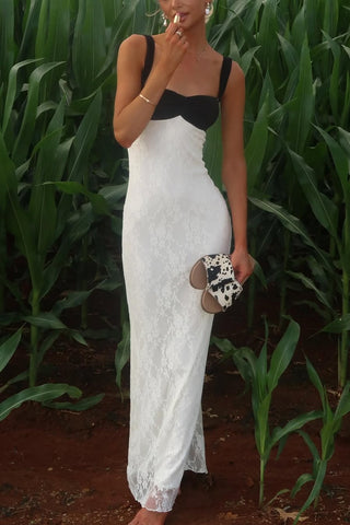 Chic Mermaid Sweetheart White and Black Lace Long Prom Dress with Ruched
