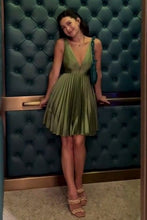 Load image into Gallery viewer, Chic Olive Green Deep V Pleated A-Line Homecoming Party Mini Dress