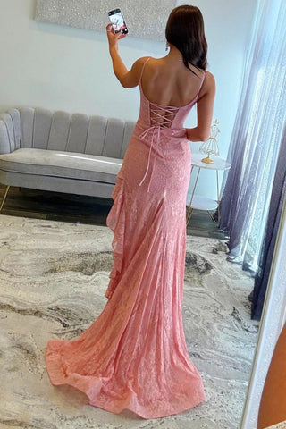 Chic Sheath Spaghetti Straps Pink Lace Prom Dress with Criss Cross Back
