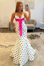 Load image into Gallery viewer, Pretty Mermaid Spaghetti Straps White Polka Dots Long Prom Dress with Bowknot