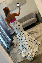 Load image into Gallery viewer, Pretty Mermaid Spaghetti Straps White Polka Dots Long Prom Dress with Bowknot