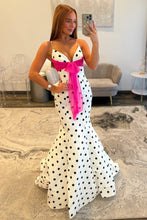 Load image into Gallery viewer, Pretty Mermaid Spaghetti Straps White Polka Dots Long Prom Dress with Bowknot