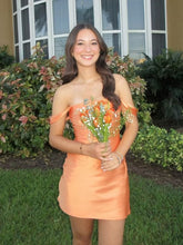 Load image into Gallery viewer, Chic Sheath Off the Shoulder Orange Satin Homecoming Dress with Ruched

