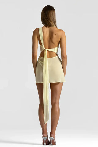 Chic Sheath One Shoulder Light Yellow Short Homecoming Dress with Ruched