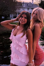 Load image into Gallery viewer, Chic Sheath Spaghetti Straps Pink Short Homecoming Dress with Ruffles
