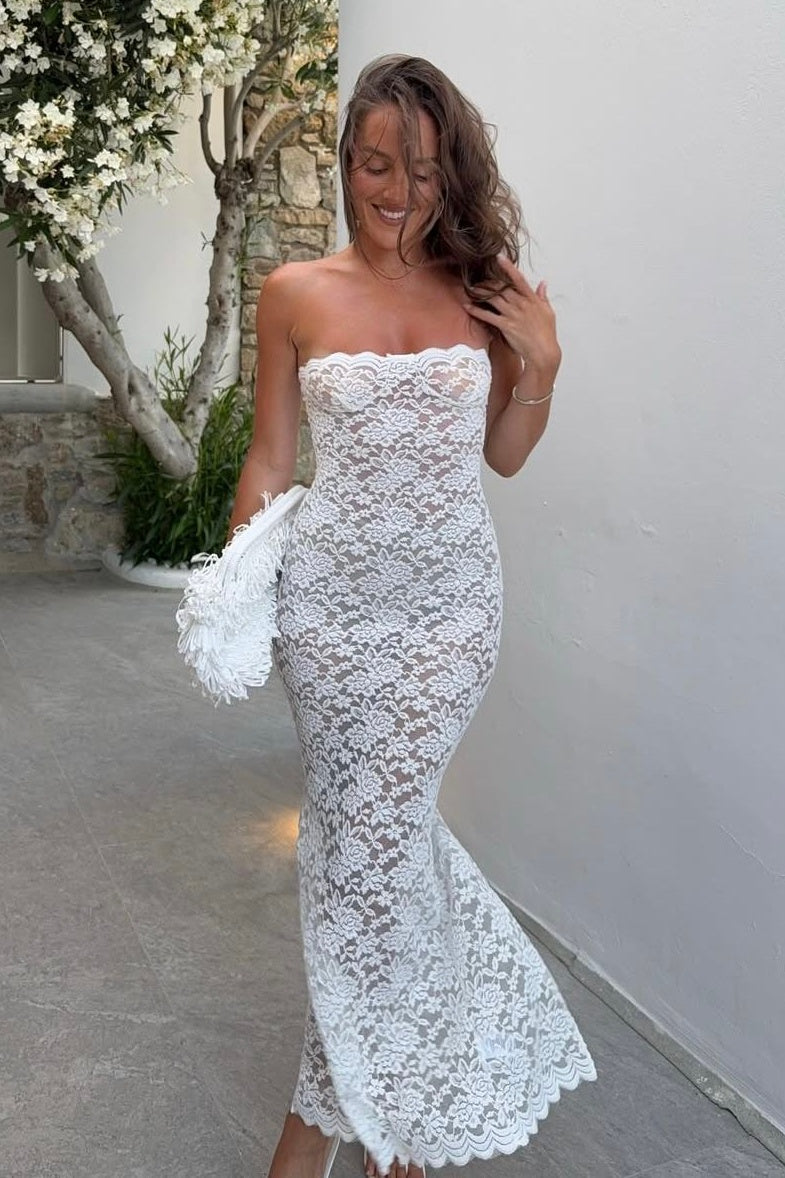 Trendy Sheath Strapless White Lace Tea Length Party Dress