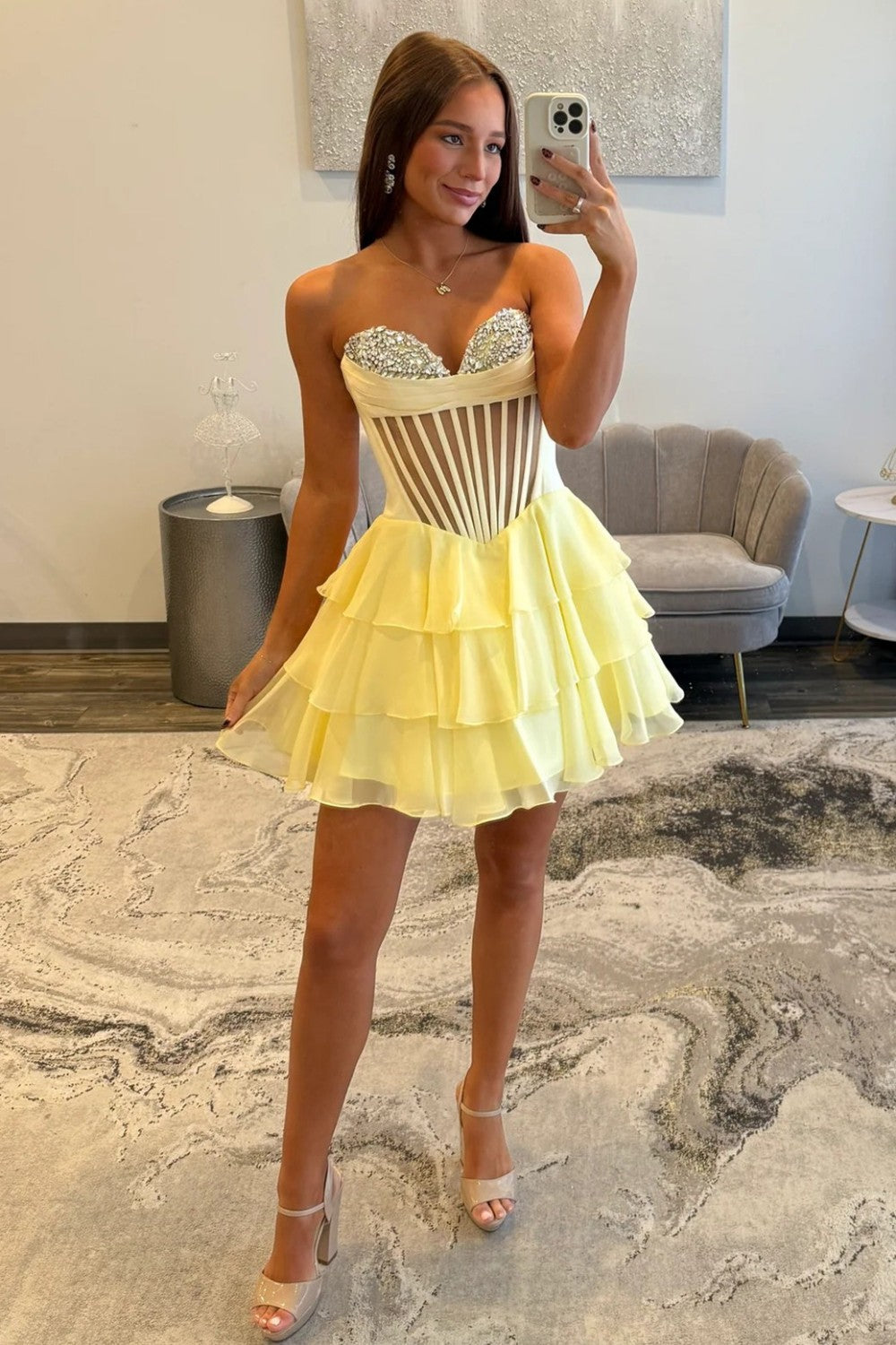 Cute A Line Sweetheart Yellow Corset Homecoming Dress with Beading Ruffles