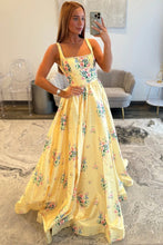 Load image into Gallery viewer, Charming A Line Square Neck Yellow Long Prom Dress with Pearls