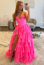 Load image into Gallery viewer, Princess A Line Sweetheart Hot Pink Corset Prom Dress with Appliques Bowknot