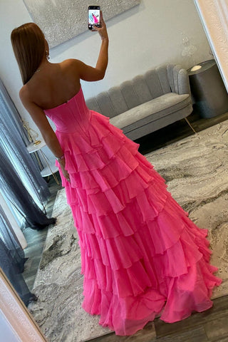 Princess A Line Sweetheart Hot Pink Corset Prom Dress with Appliques Bowknot