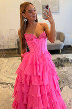 Load image into Gallery viewer, Princess A Line Sweetheart Hot Pink Corset Prom Dress with Appliques Bowknot