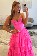 Load image into Gallery viewer, Princess A Line Sweetheart Hot Pink Corset Prom Dress with Appliques Bowknot