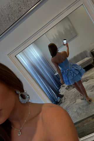 Princess A Line Strapless Blue Corset Homecoming Dress with Bowknot Beading