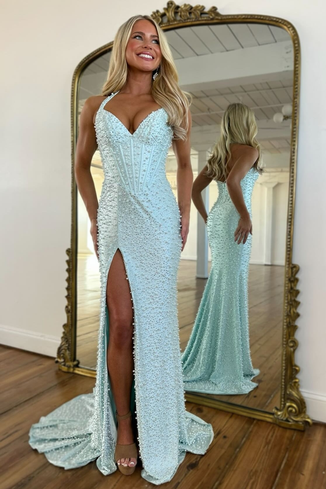 Luxury Mermaid Halter Neck Aqua Corset Prom Dress with Pearls and Slit