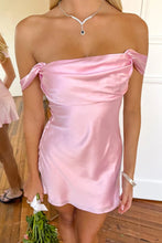 Load image into Gallery viewer, Chic Sheath Off the Shoulder Orange Satin Homecoming Dress with Ruched
