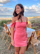 Load image into Gallery viewer, Chic Sheath Off the Shoulder Orange Satin Homecoming Dress with Ruched
