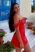 Load image into Gallery viewer, Chic Sheath Off the Shoulder Orange Satin Homecoming Dress with Ruched