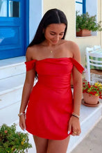 Load image into Gallery viewer, Chic Sheath Off the Shoulder Orange Satin Homecoming Dress with Ruched