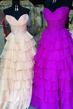 Load image into Gallery viewer, Princess A Line Sweetheart Pink Corset Prom Dress with Appliques Ruffles
