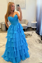 Load image into Gallery viewer, Princess A Line Sweetheart Pink Corset Prom Dress with Appliques Ruffles
