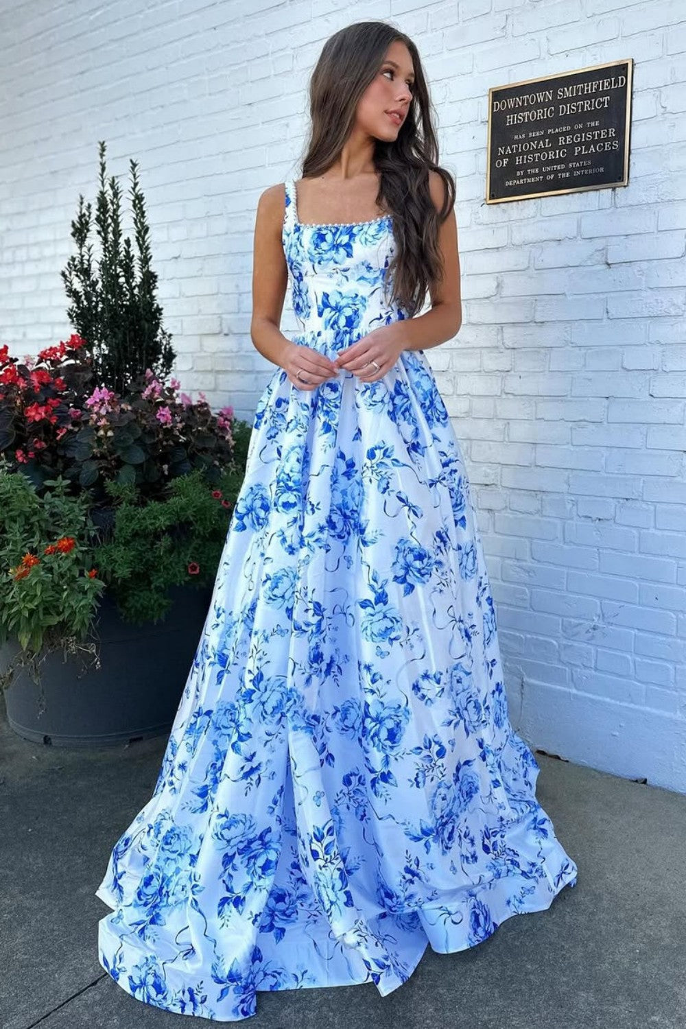 Gorgeous A Line Square Neck Blue Floral Printed Long Prom Dress with Backless