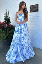 Load image into Gallery viewer, Gorgeous A Line Square Neck Blue Floral Printed Long Prom Dress with Backless