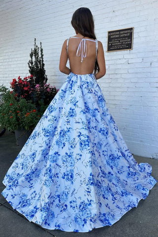 Gorgeous A Line Square Neck Blue Floral Printed Long Prom Dress with Backless