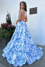 Load image into Gallery viewer, Gorgeous A Line Square Neck Blue Floral Printed Long Prom Dress with Backless