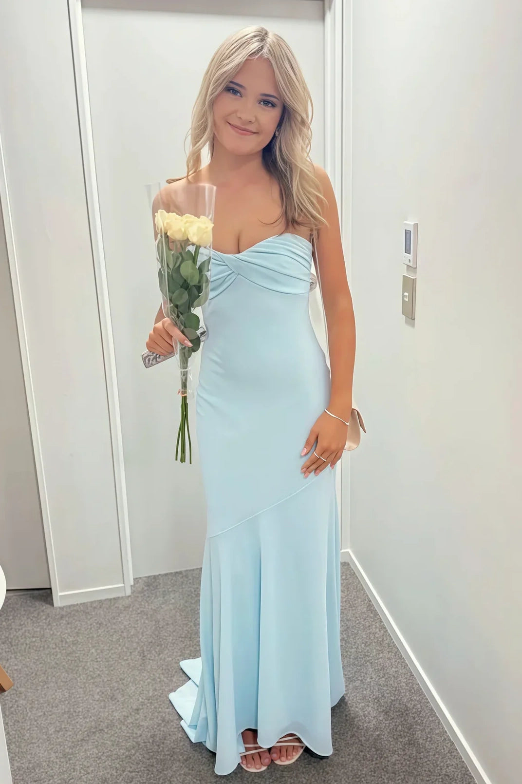 Classic Mermaid Sweetheart Light Blue Long Prom Dress with Ruched