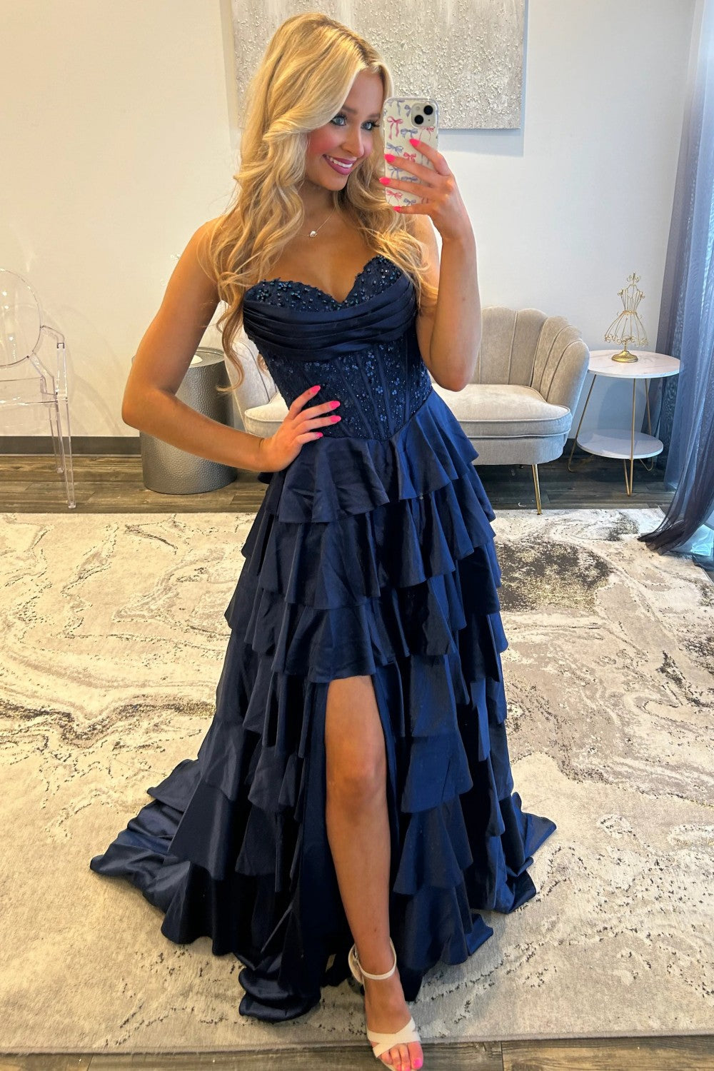 Classic A Line Sweetheart Navy Corset Prom Dress with Appliques Ruffles