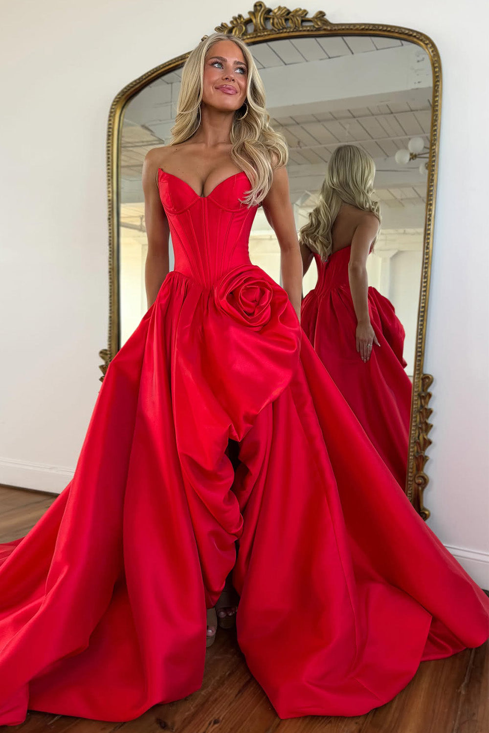 Luuvis Women Red Corset Prom Dress Gorgeous A Line Sweetheart Formal