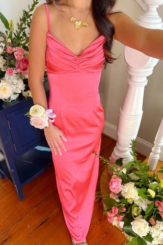 Classic Sheath Spaghetti Straps Candy Pink Long Prom Dress with Split Front