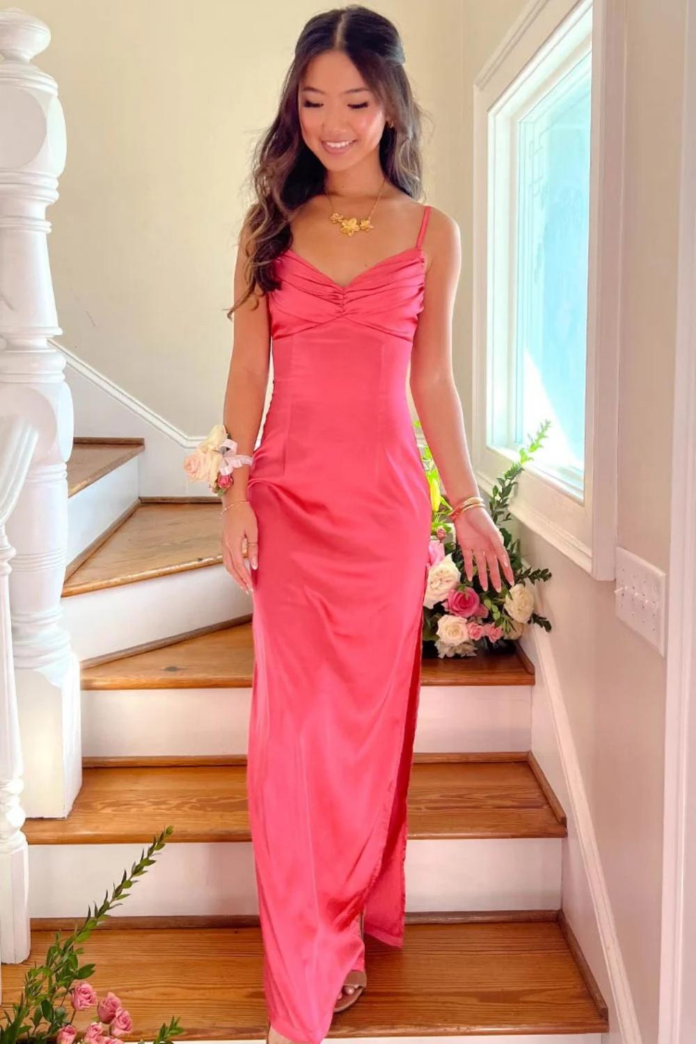Classic Sheath Spaghetti Straps Candy Pink Long Prom Dress with Split Front