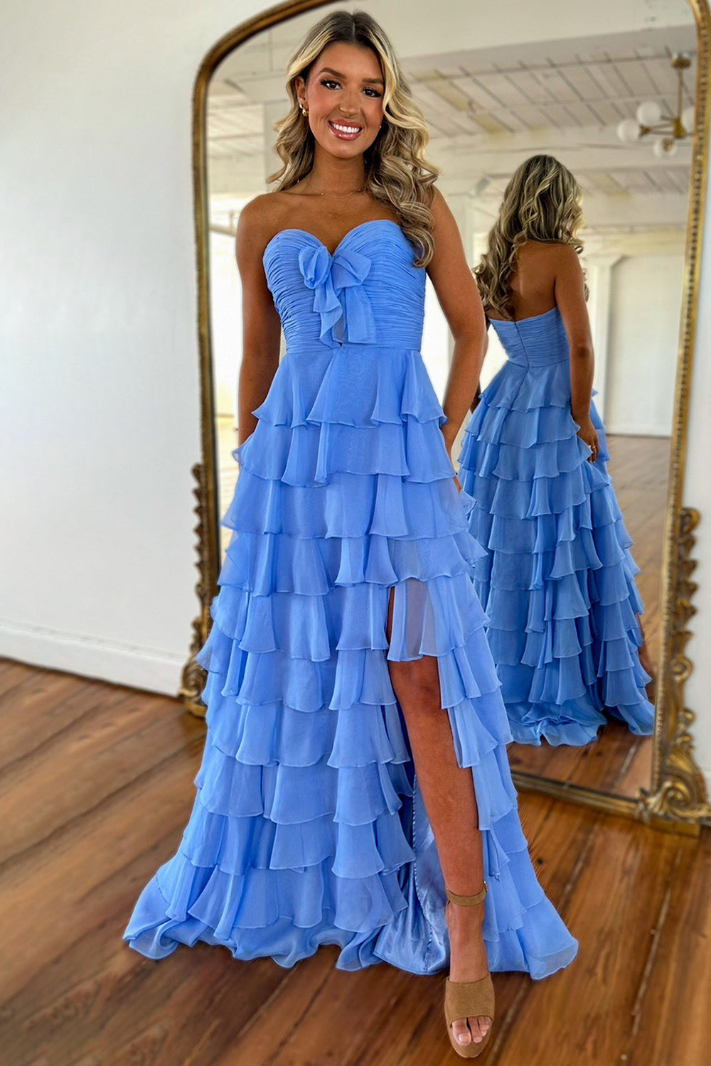 Luuvis Women Cute A-Line Sweetheart Zipper Back Tiered Chiffon Prom