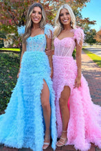 Load image into Gallery viewer, Stunning A-Line Feather Straps Long Ruffle Tulle Prom Dress With Split
